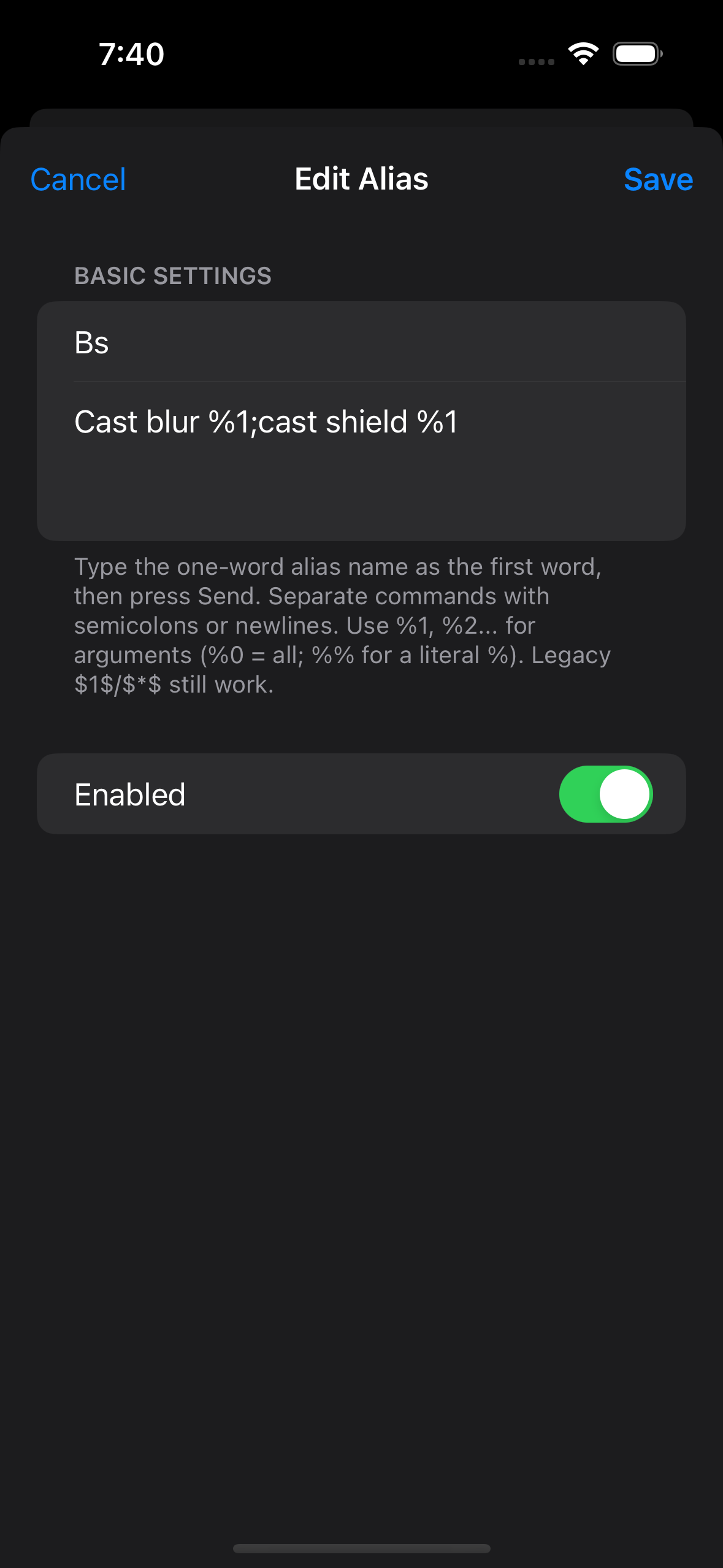 Alias form showing the bs alias name and its cast blur/cast shield expansion