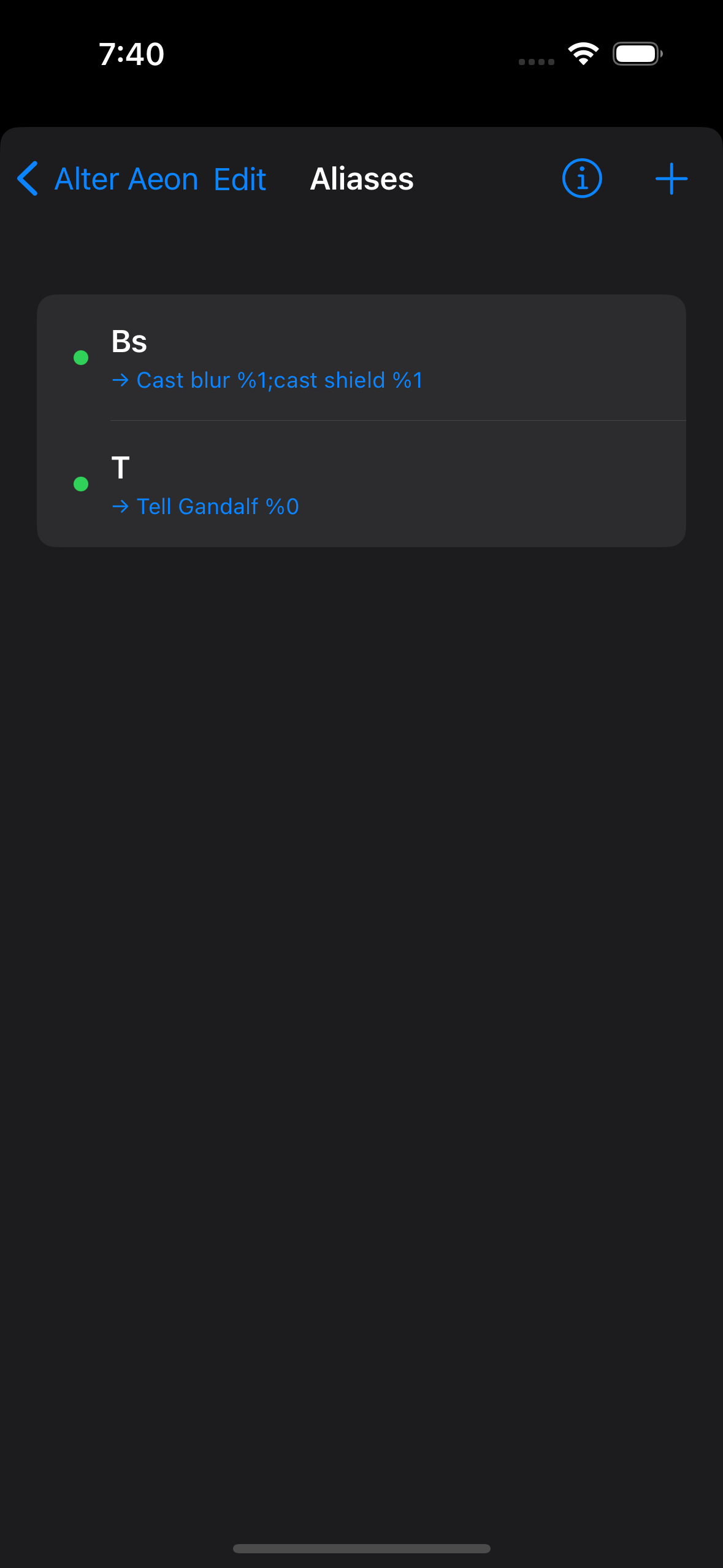 MUDBasher's Aliases list showing two example aliases, bs and t