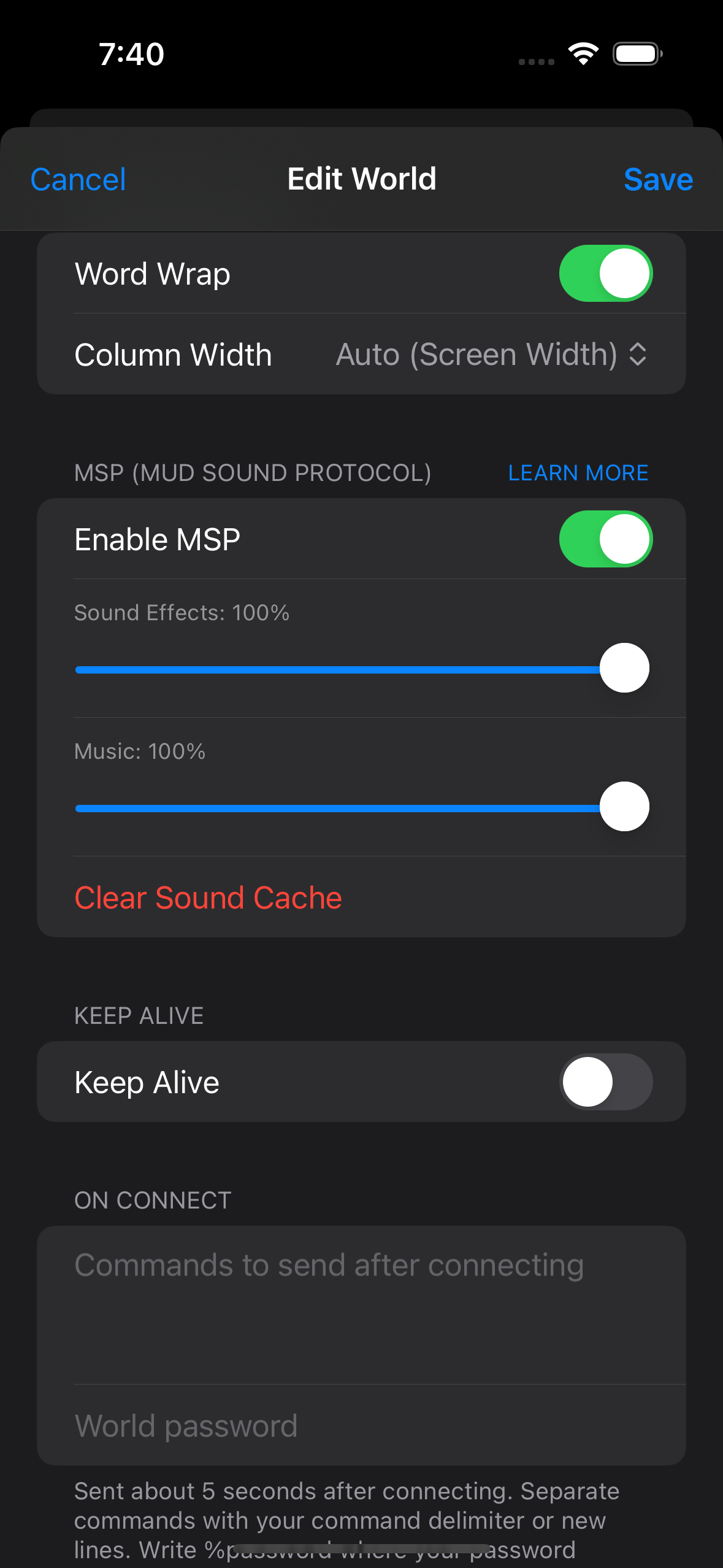 MUDBasher's MSP settings section showing Enable MSP, Sound Effects and Music volume sliders, and Clear Sound Cache