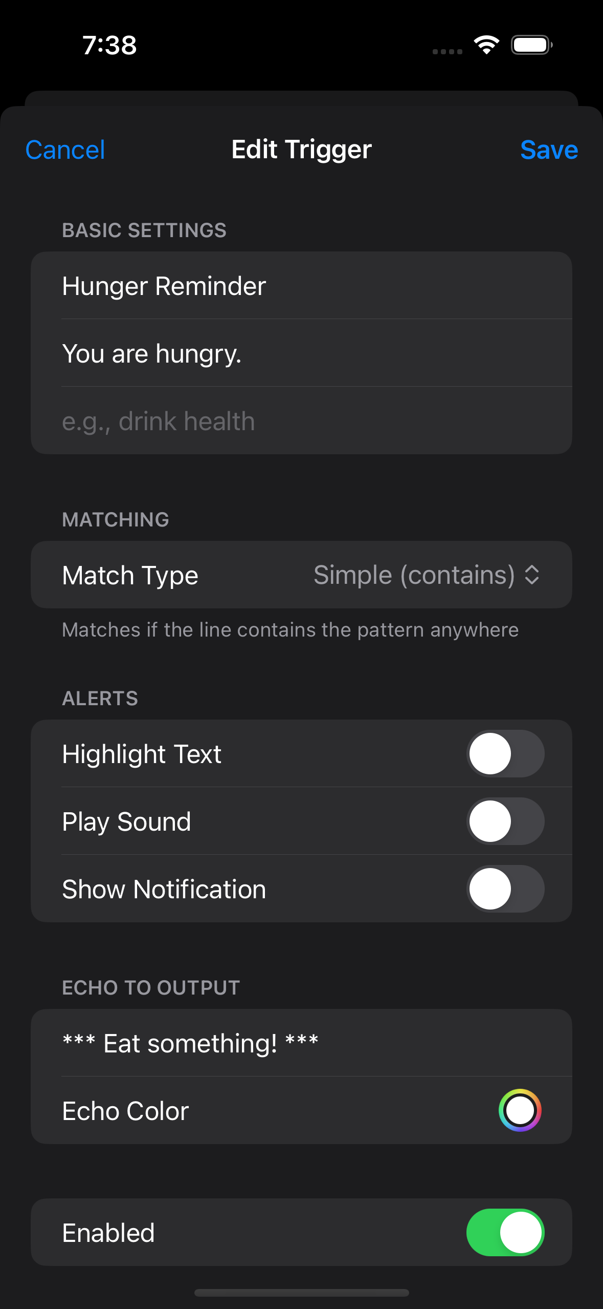 Trigger form showing the Echo to Output section with 'Eat something!' echo text filled in
